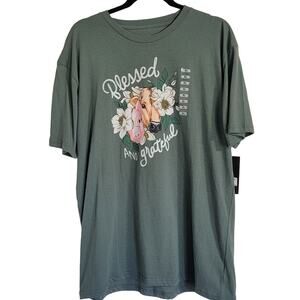 Farm To Market Womens Country‎ T shirt Cow Pig Blessed Green Sz XL New